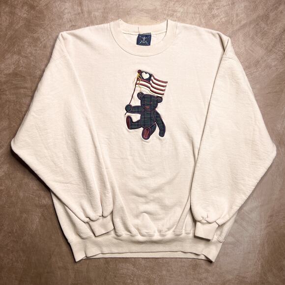 Vintage 90s Orsman 913 Plaid Teddy Bear USA Flag Sweatshirt Long Sleeve Grandma - Picture 1 of 8